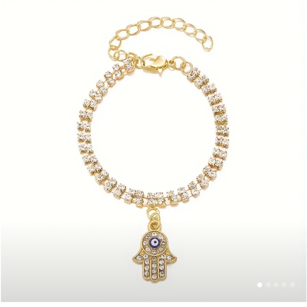 Gold Plated Rhinestone Inlaid Tennis Bracelet With Hamsa Hand